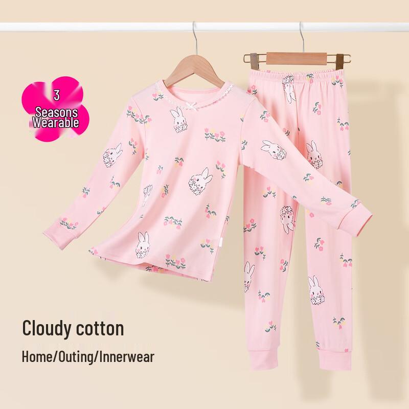 DEESHA Girls' Flower Rabbit Print Cotton Thermal Underwear Set