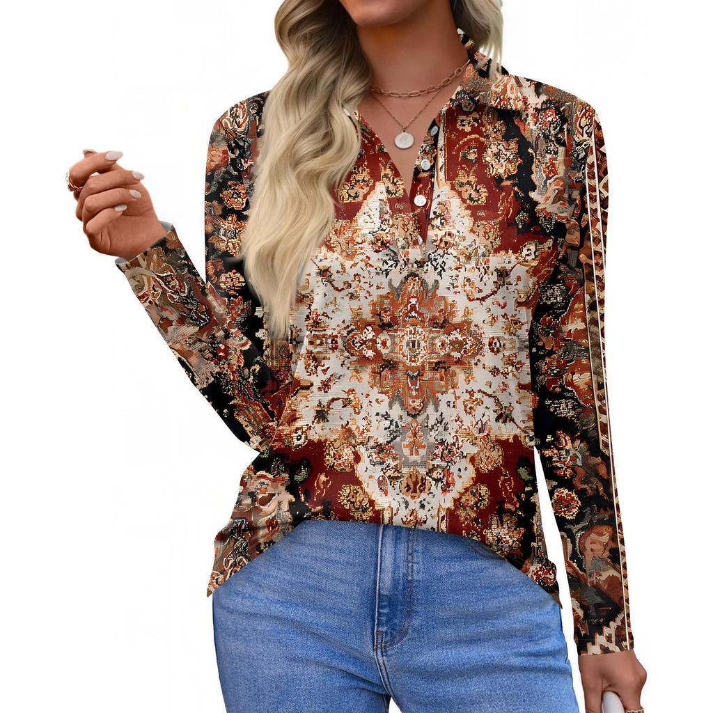 Damenmode Casual Revers Kurze Langarm Print Shirt Damen Button Up Tops