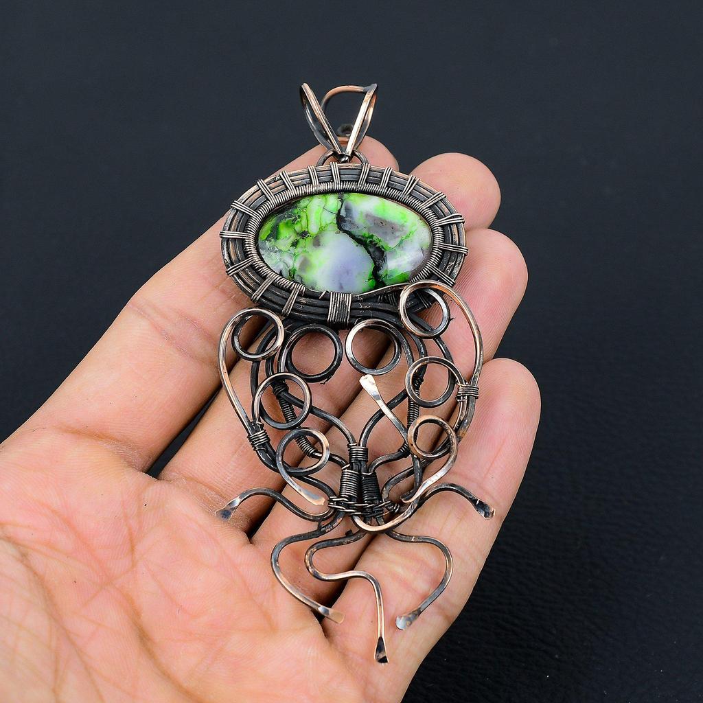 Green Dendrite Opal Gemstone Copper Wire Wrap Handmade Pendant Designer Jewelry