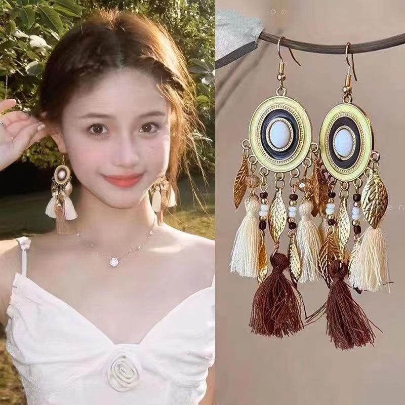 Bohemian Feather Seed Bead Tassel Earrings - Retro Ethnic Dangle Jewelry