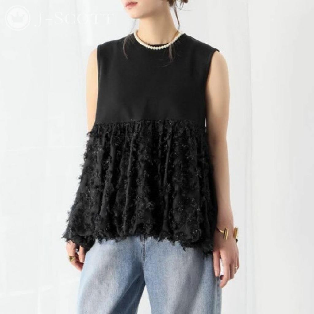 Feather Round Mixed Hem J-Scott Women's Blouse, Sleeveless, Neck, Material, Fringe, Design, Black, JS173-BK-L (Limited Stock)