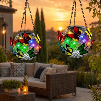 Luz colgante de mariposa solar con LED, impermeable para exteriores, lámpara de jardín de metal que cambia de color con cadena, bola colgante solar para jardín y patio