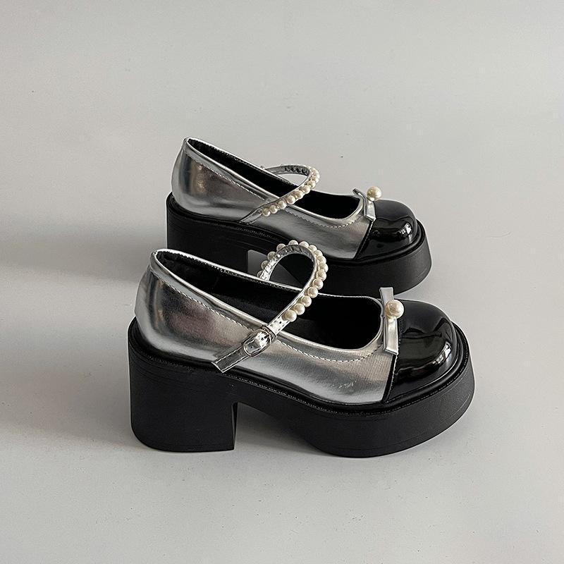 High-heeled Mary Jane shoes women's summer new retro round head bow single shoes pearl thick heel jk small leather shoes