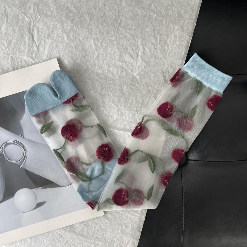 Ultra-Thin Transparent Woman Split Toe Socks Red Cherry Pattern Summer Crystal Silk Hollow Out Sheer Two-Toed Japanese Tabi Sox