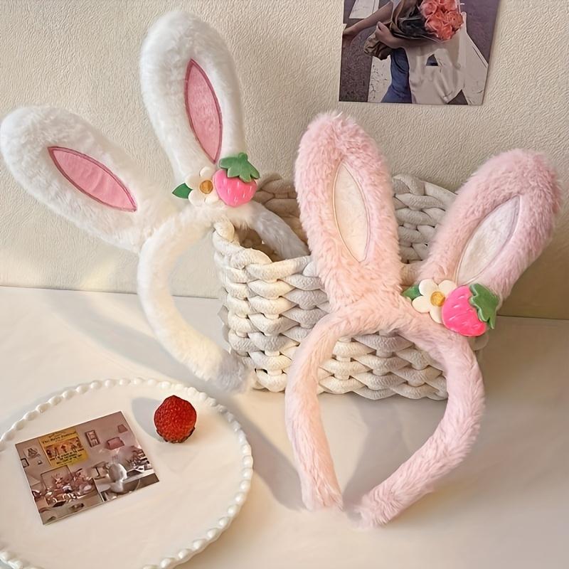 Cute Strawberry Flower Rabbit Ear Headband for Women, Plush Hairband.