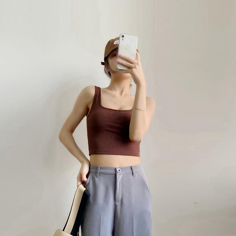 High Stretch with Chest Pad Square Neck Short Vest Women Wear Sleeveless Crop Cotton Halter To Prevent The Bare Bottom