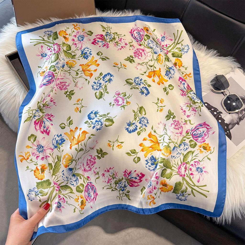 70Cm Silk Scarf Women'S French Elegant Small Floral Print Scarf Small Square Scarf With Headscarf