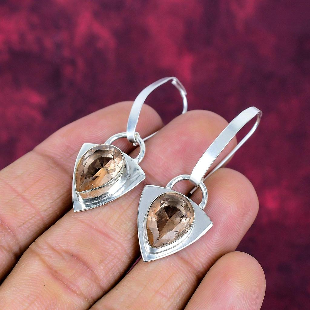 Morganite Earrings, Handmade Gemstone 925 Solid Sterling Silver Earrings Antique Jewelry, For Engagement Gift