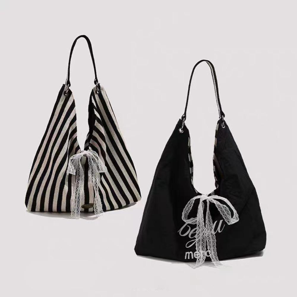 Lace Bow Striped Shoulder Bag Double-sided Cloth Handbag Leisure Canvas Tote Bag Daily чёрный