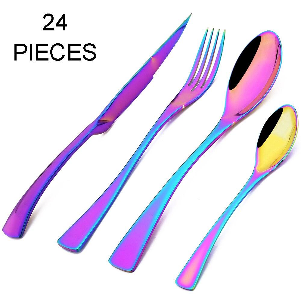 24pcs Shiny Gold Dinnerware Set Upscale 304 Stainless Steel Cutlery Set Steak Knife Fork Spoon Flatware Party Kitchen Tableware