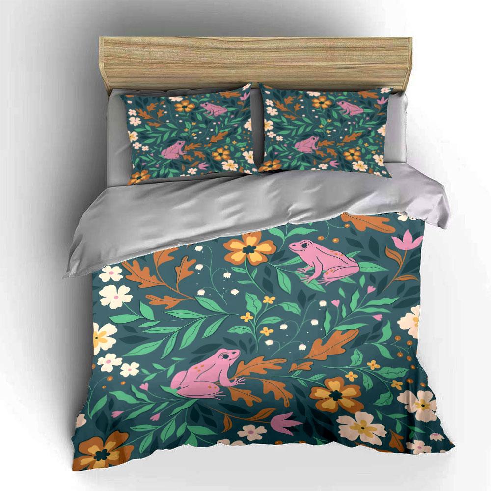 Pink Frogs and Floral Pattern Bedding Duvet Cover Set (1*Duvet Cover 2*Pillowcases, without duvet insert)