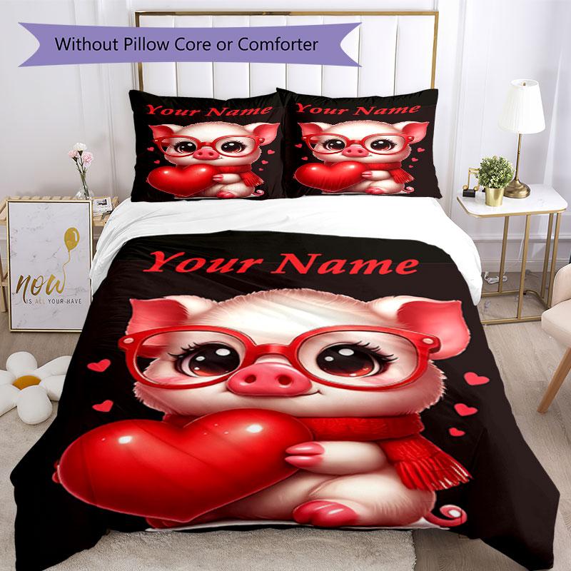 3PC Custom Name Pig Heart Glasses Bedding Set Duvet Cover Closure Includes 1 Duvet Cover & 2 Pillowcases for Bedroom