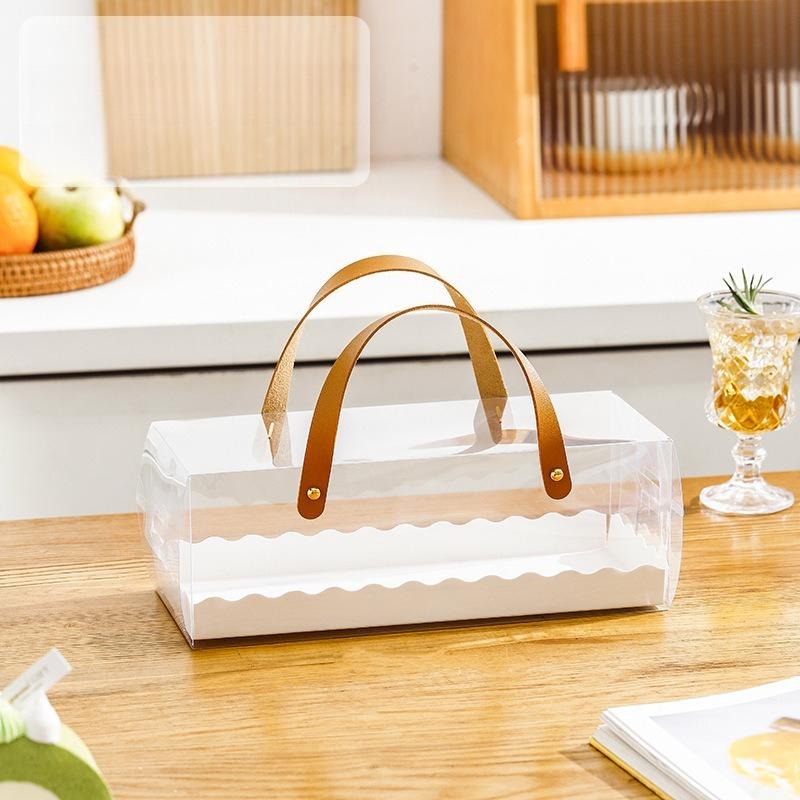 Portable Cake Roll Transparent Box Western Style Dessert Packaging Boxes Rectangular Pastry Case 10pcs Handheld Swiss Roll Cases Double-sided Laminat