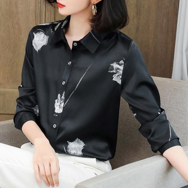 2025 Women's Long Sleeve Rose Print Chiffon Blouse - National Style Plus Size Fashion Top