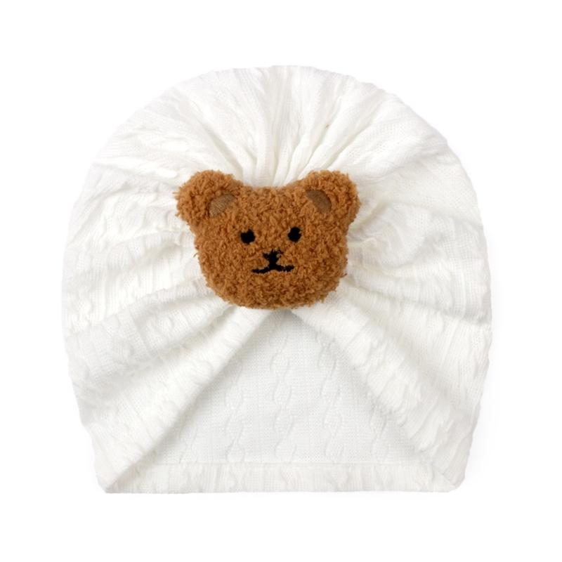Solid Turban Hat Baby Beanies Caps Headwrap with Cute Bear Charm for 0-2 Years Baby Girls Infants Toddlers Pullover Hat