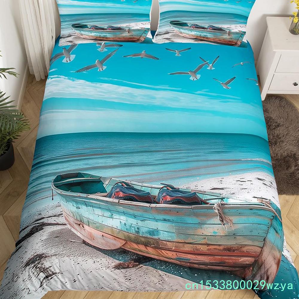 Seaside Town Landscape Bedding Set Flowers Rustic Duvet Cover Coastal Style Island Comforter Cover Ocean Scenery Quilt Cover