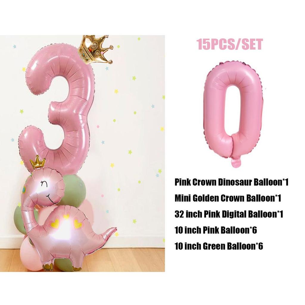Torre de balões de dinossauro verde rosa com balão de número de 32 polegadas para decoração de festa de aniversário faça você mesmo com dinossauro para meninas
