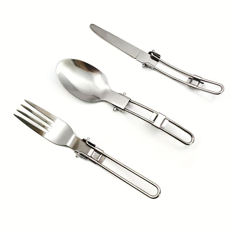 Stainless Steel Camping Tableware Set Of 3 With Folding Spoon Fork Knife And Storage Bag, Outdoor Camping Portable Tableware