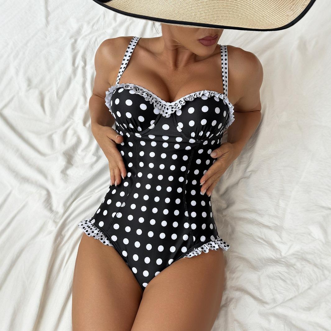 Push-Up Badeanzug Damen Badebekleidung Damen Gepunkteter Badeanzug Sommer Strandkleidung Rüsche Monokini Badeanzug S schwarz