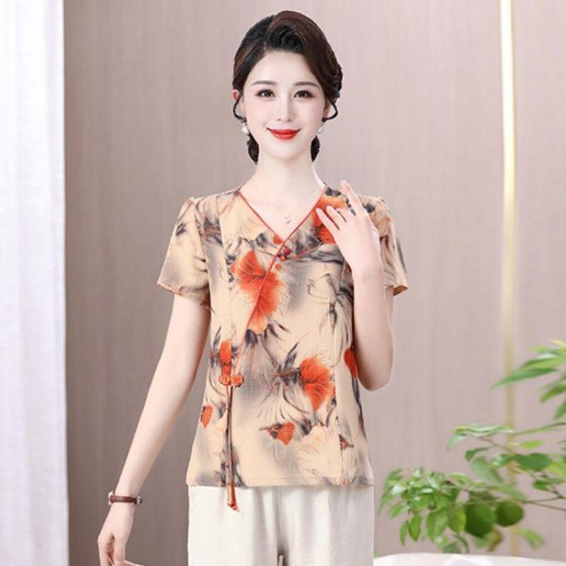 

Летний костюм-двойка с коротким рукавом из хлопка и льна для женщин в китайском стиле 2XL [105-120 lbs]