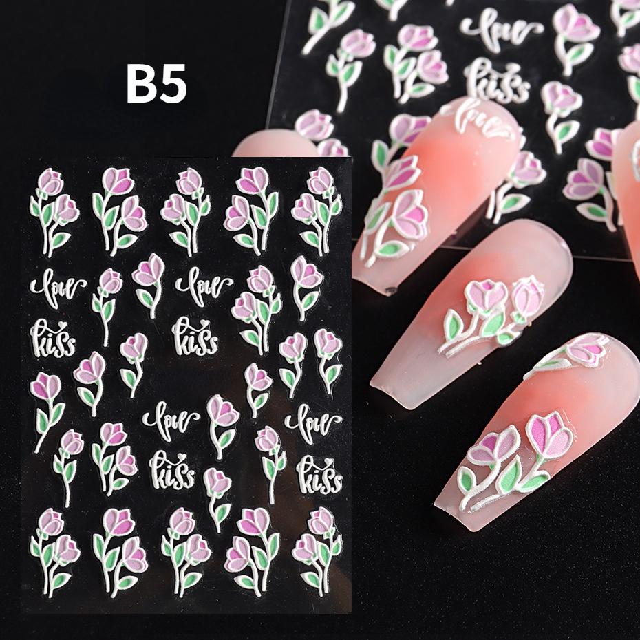 Nail Art 5D Three-dimensional Stickers Ins Summer Fresh Camellia Pink Flower Embossed Nail Stickers