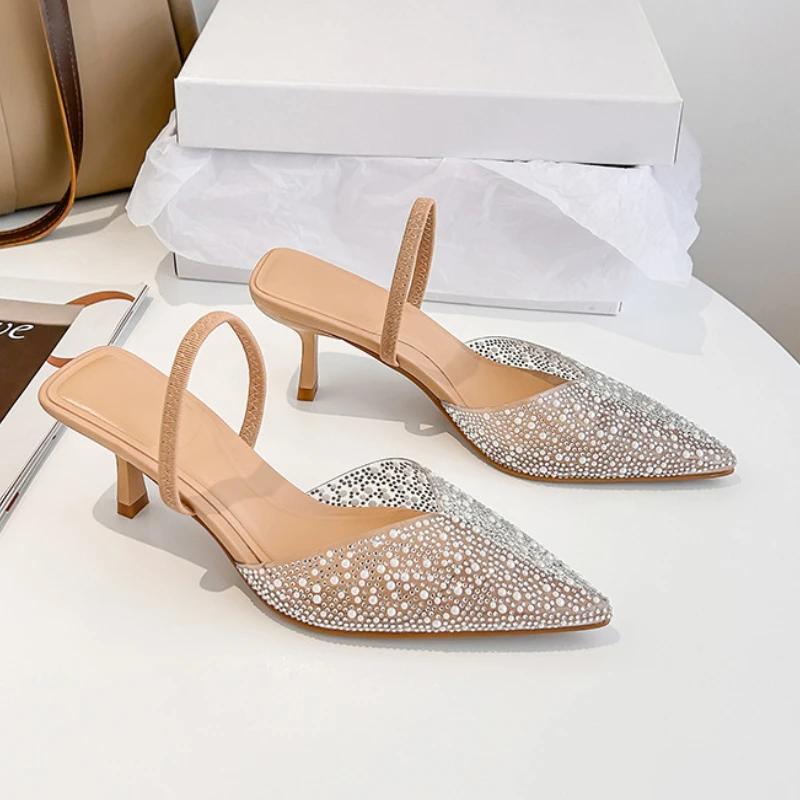 Mode Sommer Damen High Heels Sandalen Perlenverzierung Slingback Spitze Elegant Party Hochzeit Braut Damenschuhe