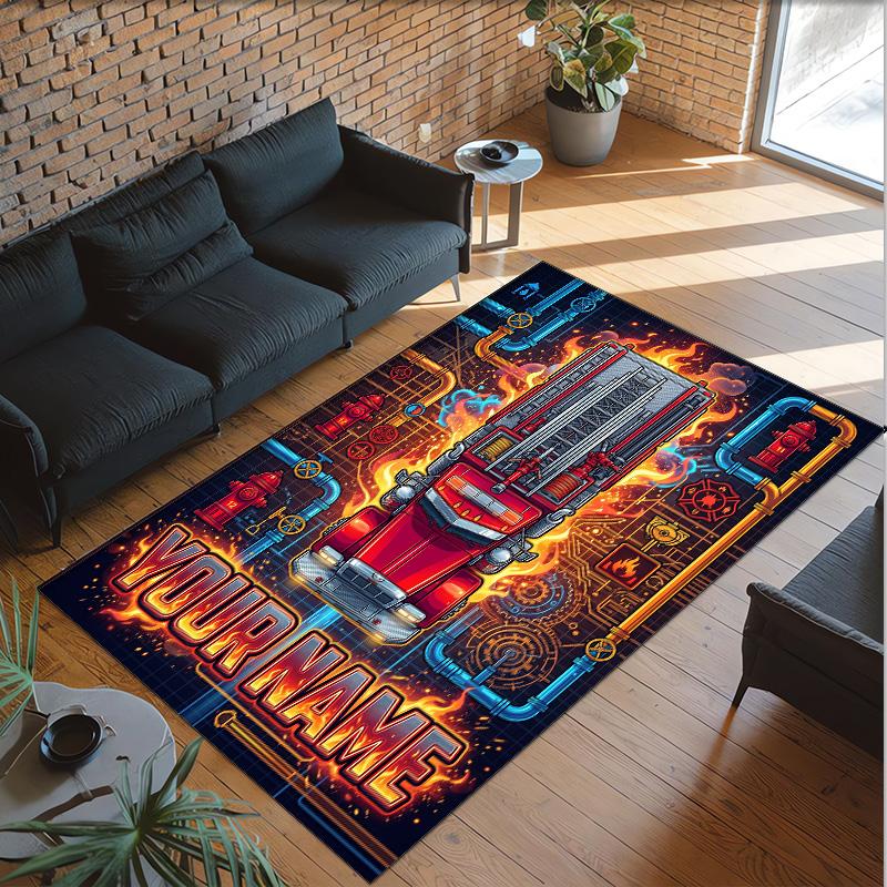 Fire Truck Theme Crystal Velvet Rug Personalized Custom Name Text Soft Floor Mat Home Decor
