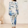 Women Plus Size Round Neck Long Sleeve Printed Longline Top Fitted Pants Two Piece Set Blue White