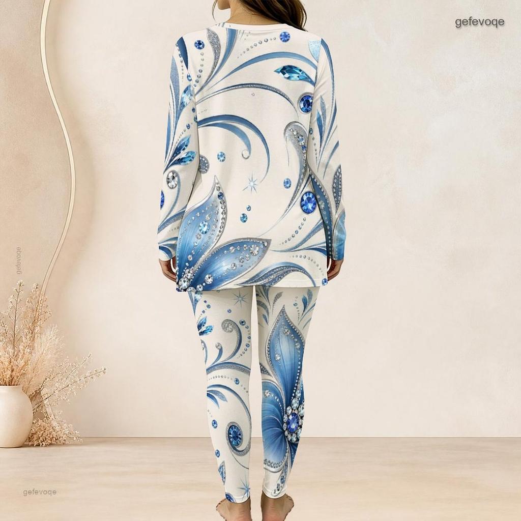 Women Plus Size Round Neck Long Sleeve Printed Longline Top Fitted Pants Two Piece Set Blue White