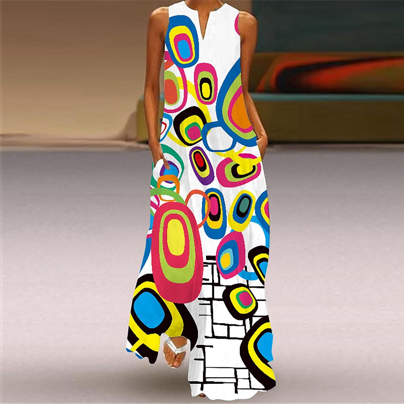 

Fashion Women s Casual Summer Loose Printed Round Neck Sleeveless Dress M білий