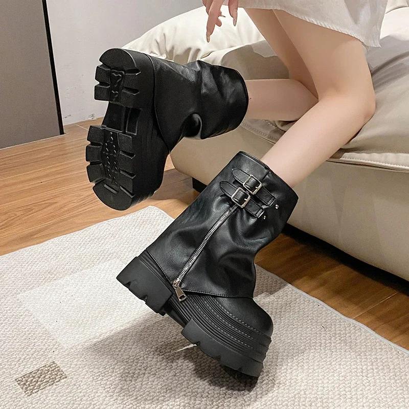 Fashion 10CM Women High Platform Ankle Boots Autumn Winter Gothic Style Shoes Buckle Punk Motorcycle Boots Round Toe Chunky Sneakers