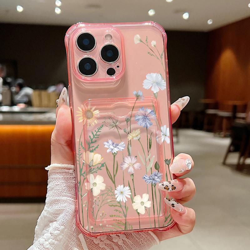 Flowers Print Card Slot Phone Case For iPhone Air 16e 17 16 15 Pro Max 14 13 Pro Max Shockproof Clear Soft Silicone Cover