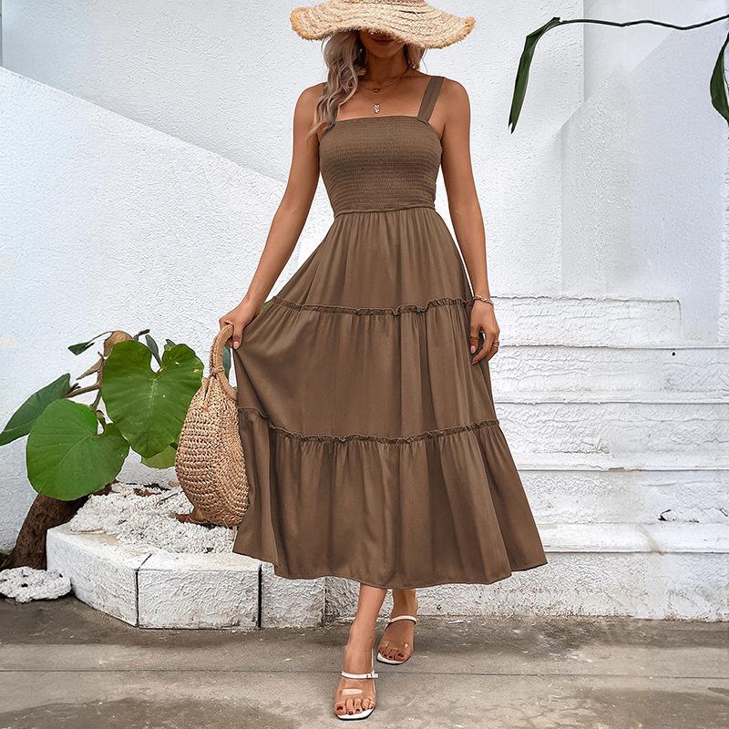 VEZFAA Kvinnemote Sommer Vår Ensfarget Print Ermeløse seler Høy midje Uformelle kjoler