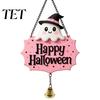 Decorative Skull Doorbell Halloween Cute Witch Hat Ghost Door Sign, Wooden Hanging Decoration, Pink Sign Pendants for Indoor Outdoor Home Wall