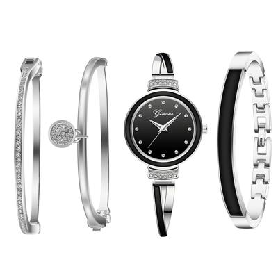 JEWELRYWE Zestaw Zegarka Bransoletki z Analogowym i Stylowym Zegarkiem ze Stopu w Kolorze Srebrnym i Idealny Prezent na i Dzień Damski 4-elementowy Zestaw,