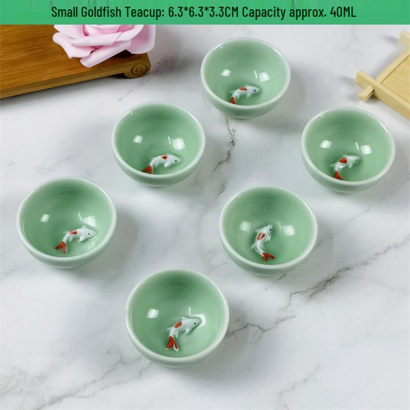 

Celadon Ceramic Kung Fu Tea Set: Goldfish Cup, Lid Bowl, Teapot, Ashtray, Tea Caddy for Home or Office.