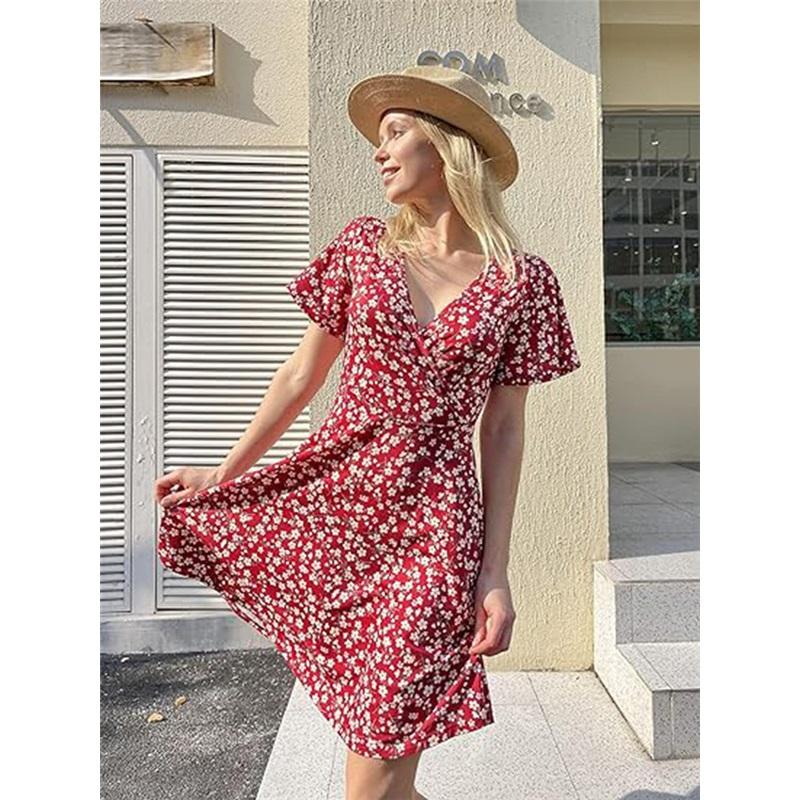 Europäische Und Amerikanische Neue Damen Sonnenrock Sommer Blumen Kurzarm Wickel V-Ausschnitt Taille Bedrucktes Kleid