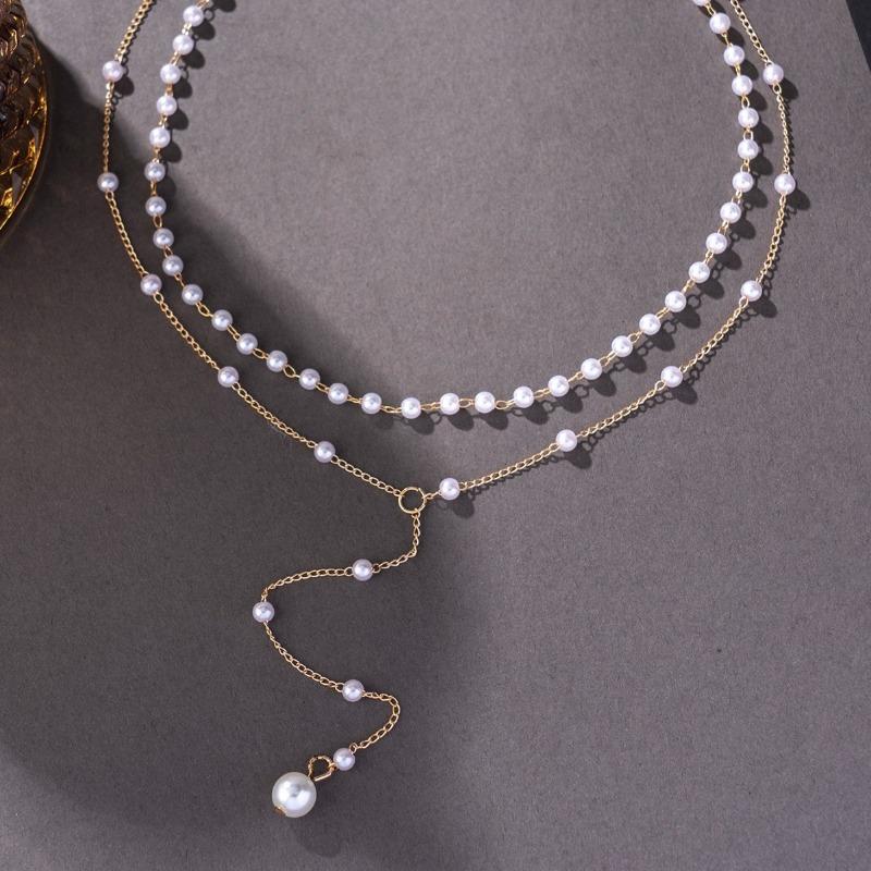 

Fashion New Y-shaped Imitation Pearl Tassel Double-layer Necklace Stackable Light Luxury Niche Necklace Accessories 1Pcs золотой