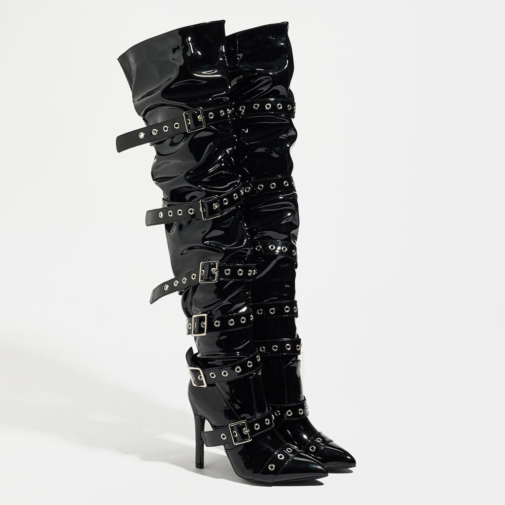 Black Sexy Thin High Heels Patent Leather Women Over The Knee Boot Design Style Narrow Band Buckle Strap Stripper Shoes