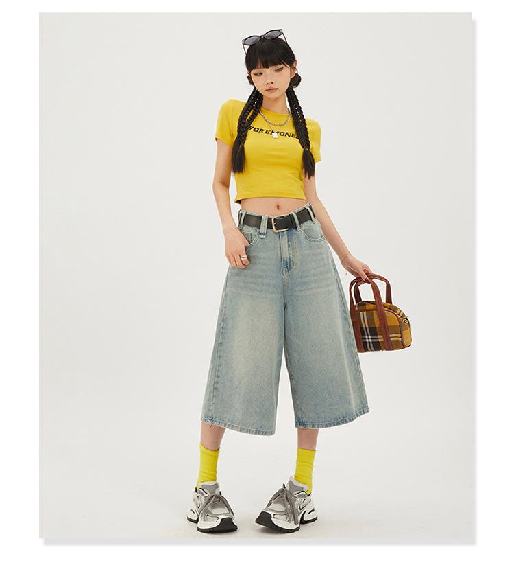 Shorts di Jeans Americani Retro a Vita Alta da Donna - Gamba Larga - Estate 2025 Vestibilità Slim