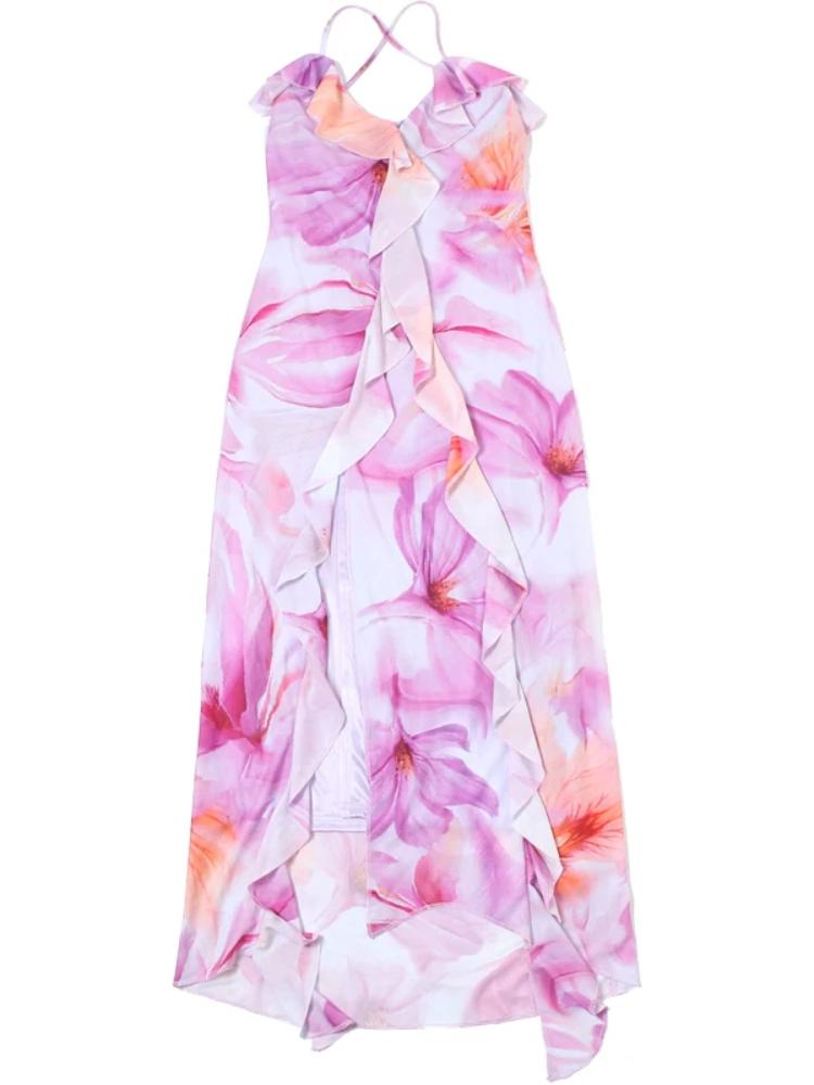 Ladies' Summer Camisole Dress Women Irregular Tassel Print Dress Casual Fashionable Long Skirt
