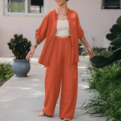 Women's Cotton Linen Two Piece Set Half Sleeve Button Down Shirt Wide Leg Pants Set Casual Tracksuit for Spring Summer Autumn