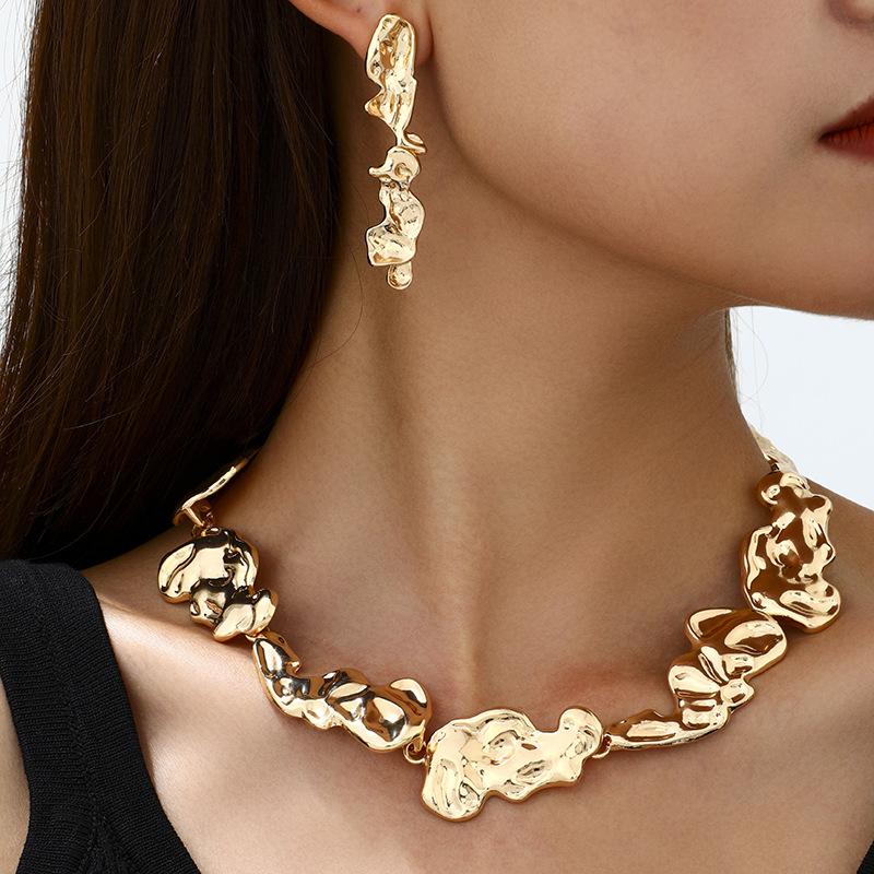 European and American irregular lava metal wind necklace femininity versatile exaggerated design earrings bracelet set