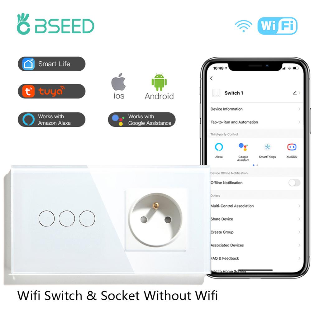 BSEED WLAN Touchschalter 1/2/3fach mit normaler FR-Steckdose Glasplatte Smart Wandschalter für Licht Tuya APP Steuerung Blaue Hintergrundbeleuchtung
