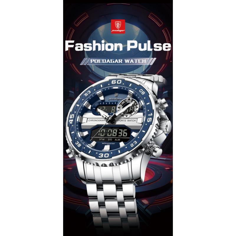POEDAGAR Electronic Fashion Man Wristwatch Week Date LED Luminous Men Watch Dual Time Display Digital Quartz Watches