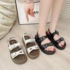 2025 Summer New Fashion Open-toed Women's Sandals One-word Buckle Strap Flat Middle Heel Empty Sandals Fairy Style Women's Shoes