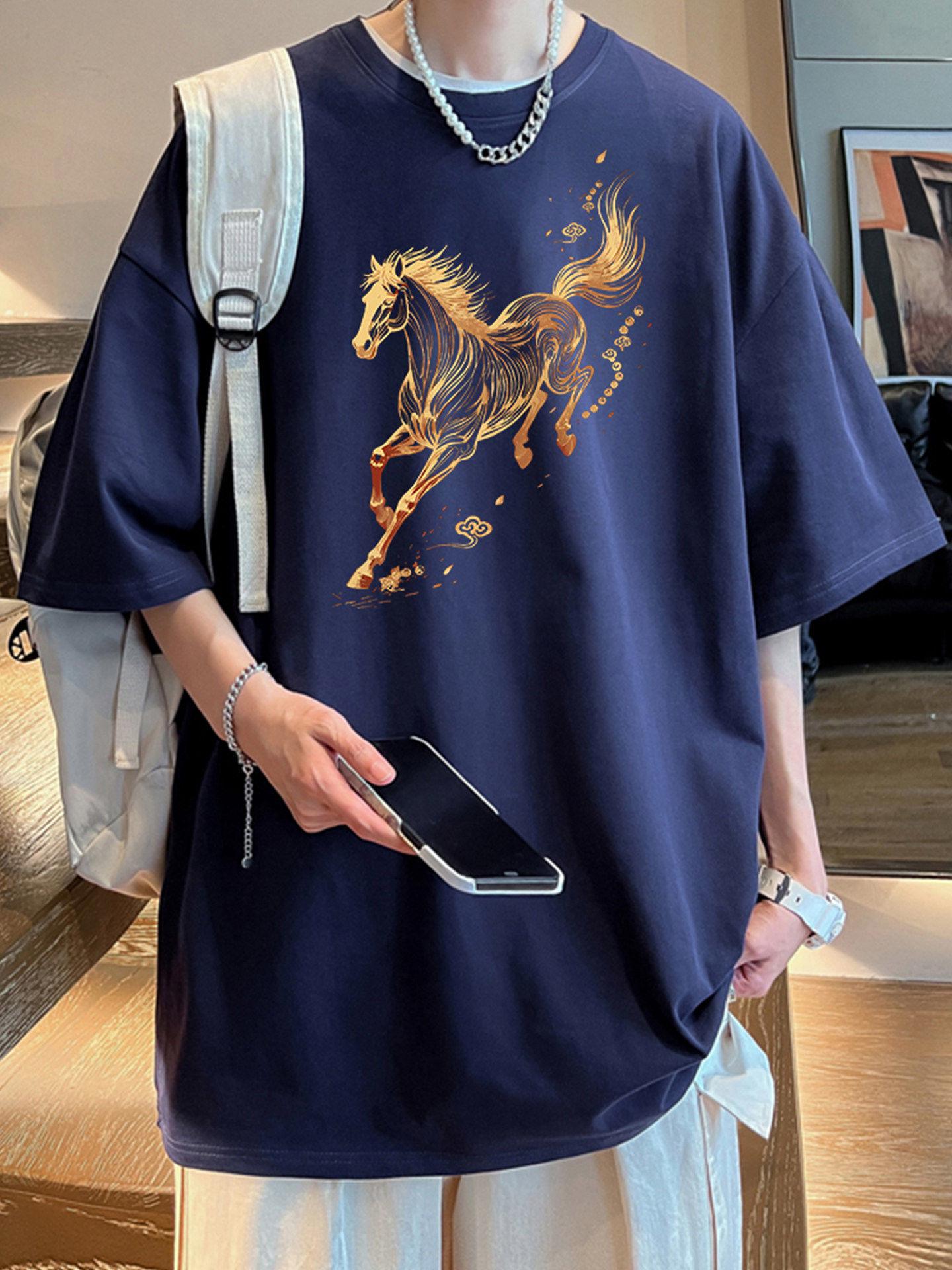 

2026 Men s Year of the Horse Trendy Cotton Loose Fit Short Sleeve T-shirt XL темно-синього кольору