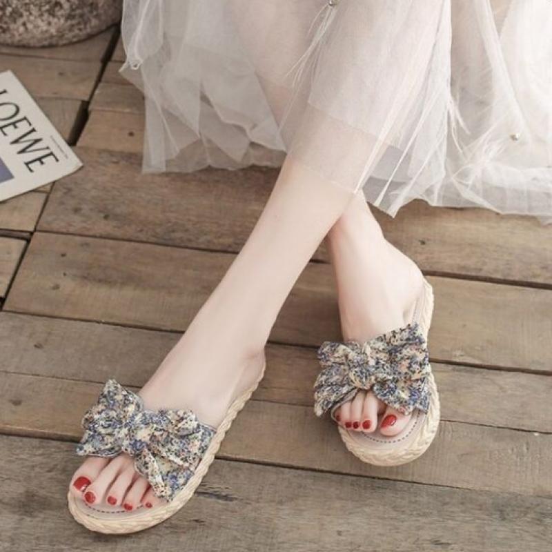 New Arrivals Open Run Women Rattan Ribbon Slippers Open Toe Simple Flower Design
