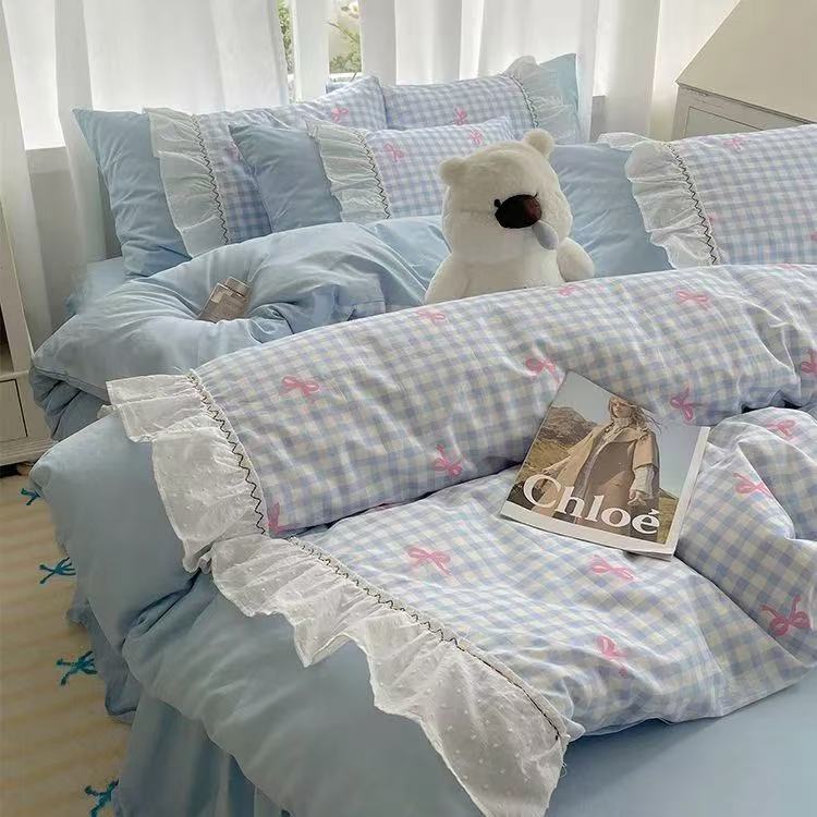 

Fashion Lattice Bedding Set Bed Sheet Cute Princess AB Double Sided Ruffle Flower Quilt Cover Pillowcase Bedclothes Home Textile Flat Bed Sheet&Single150x200 3pcs