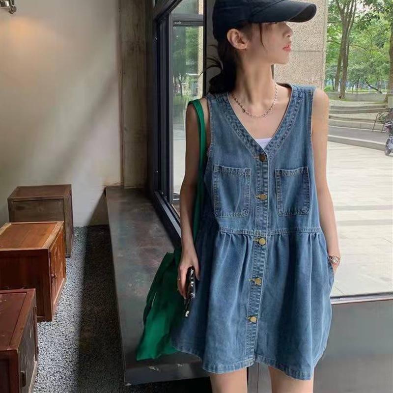 Sleeveless Strap Dress Women Summer Single-Breasted Pockets Denim Dresses Woman Korean Style Loose A Line Mini Dress
